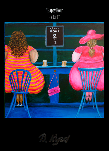 Bjarne Kyed poster, 2 women, 2 for 1, Happy Hour, dringing coffee, red hat, red dress